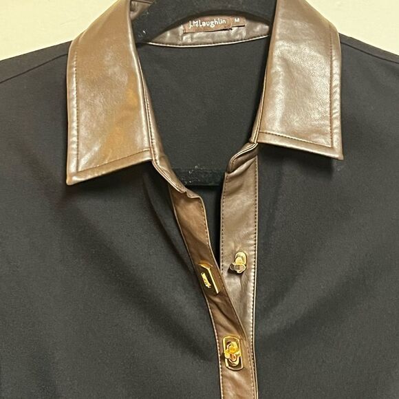New J. McLaughlin Falcon Vegan Leather Trim‎ 3/4 Sleeve Knit Shirt Dress Sz M - Picture 4 of 6